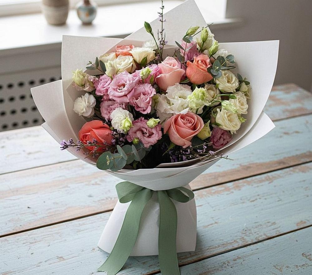 Букет цветов из: Розы, Лизиантусы и Гвоздики в Николаевске